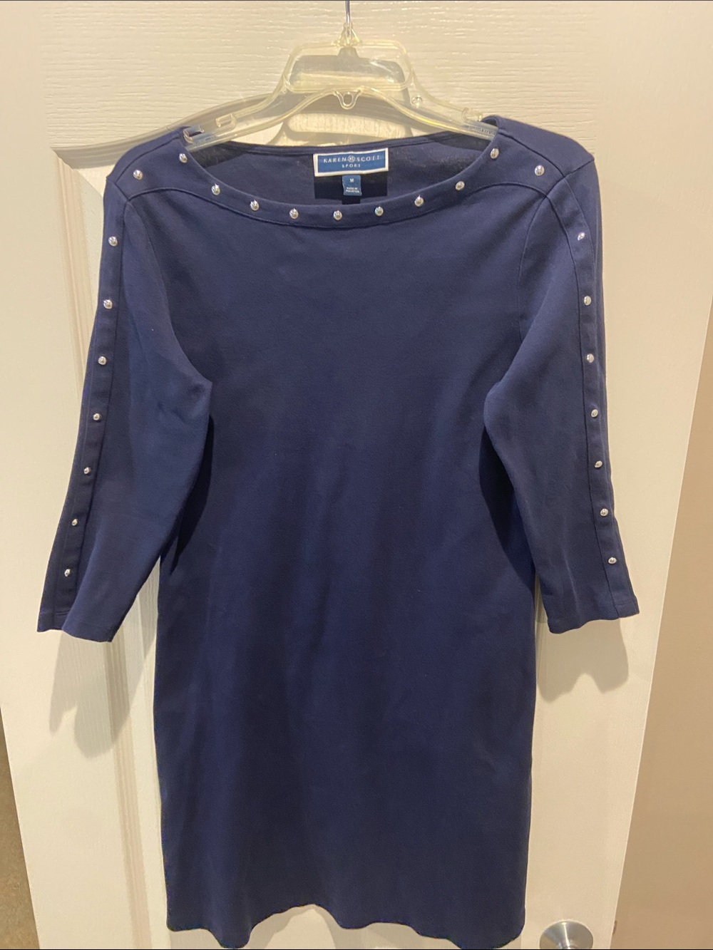 Karen Scott Navy Shift Dress with Silver Accents Trim
